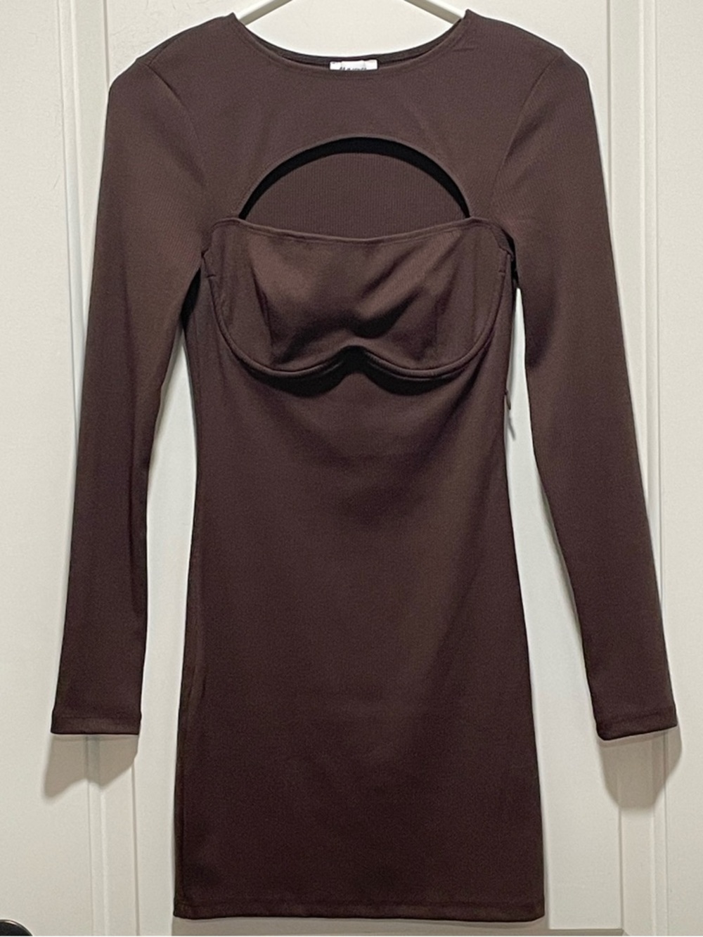 Princess Polly Alexander Mini Dress Bodycon Brown Long Sleeve Cutout Underwire